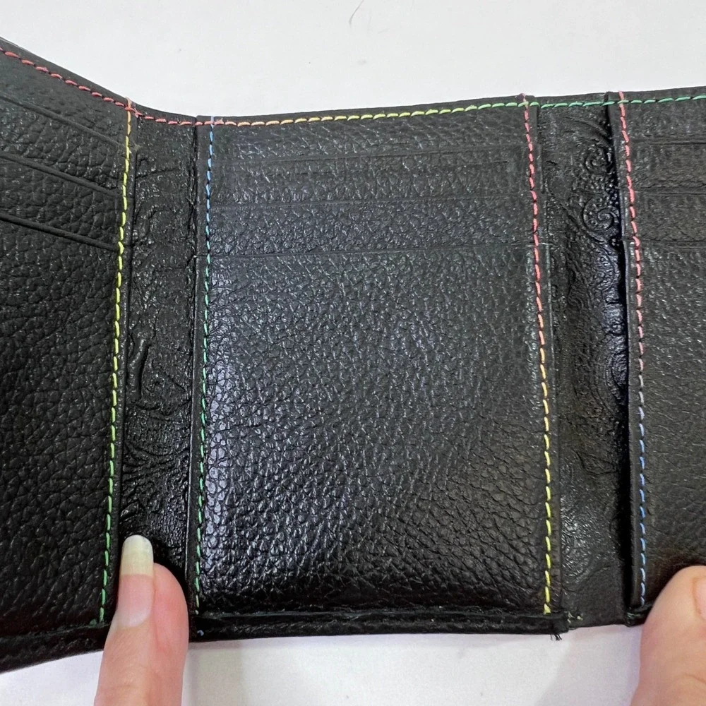 Robert Graham Mens Black Leather Trifold Wallet Multicolor Stitching Paisley